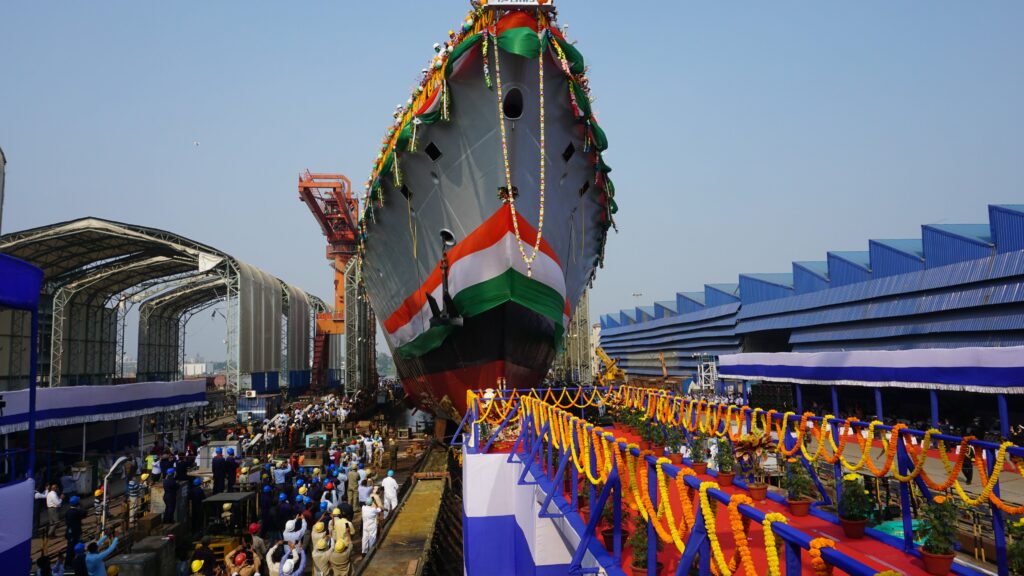 The Stealth Frigate INS Dunagiri Is Preparing To Launch Into The Hooghly River.