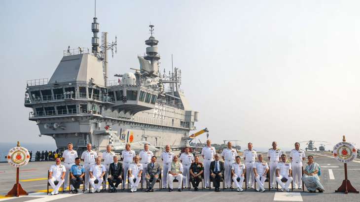 Rajnath Singh addresses top naval commanders onboard INS Vikrant